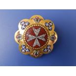 A micromosaic flowerhead brooch with Maltese Cross design to centre, of domed form, 1.5"