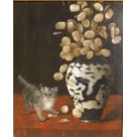 J.W. Cockerham - oil on re-lined canvas - A kitten at play on a table top alongside an Oriental vase