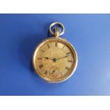 A lady's 18ct gold pocket watch, the gold dial with subsidiary seconds, floral engraved decoration