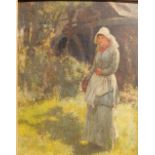 Late 19th/early 20thC British School - oil on board - Study of a country girl with basket before a