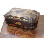 An Oriental lacquered work box - restored to sides, 15" across.
