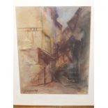 B. Jaymanskay (?) - watercolour - Semi-abstract street scene, signed & inscribed verso, 19" x 15".