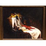An oil on canvas board - Still life study of a lobster and a basket of fruit on a draped white table