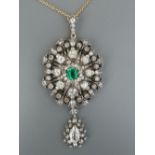 A Victorian emerald & diamond set openwork pendant, of oval shape, having numerous cushion & old cut