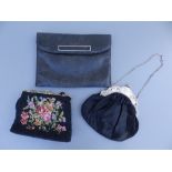 A continental 830 silver mounted black silk evening bag on chain, a black beaded evening bag with