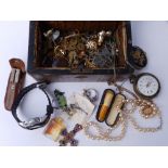 A small Victorian parquetry jewellery box and contents costume jewellery and other items.
