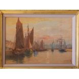 Oil on board - Harbour scene with sailing vessels, indistinctly signed, 9" x 12.5" - panel cracked.