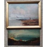 An oil on board - Coastal scene with figure and distant boat, 9" x 10" and an unframed oil on