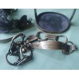 An antique metal stirrup , 6.1" and two harness pieces - probably Chinese. (3)