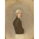 Late 19th/early 20thC School - oil on board - Half length portrait of a jockey in black with white