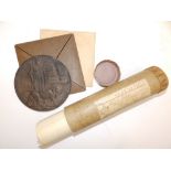 A WWI bronze death plaque in cardboard case, together with scroll in original postal tube, awarded