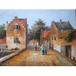 Continental School , indistinctly signed - a large oil on canvas - - Street scene by a canal, ,