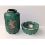 A green glazed Gustavsberg 'Argenta' ware cylinder vase decorated in silver with a griffin, 8" high,