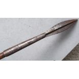 A large 19thC lance, the metal tip with markings, original leather cover to head, 94".