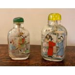 Two Chinese internally painted glass snuff bottles, decorated figures & boats, 2.75" & 3" - one