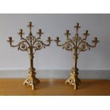 A pair of gilt brass Gothic Revival style candelabra, 24" high. (2)