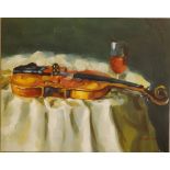 T. Denver - 20thC oil on canvas - Still life study of a violin beside a glass of wine, signed, 16" x