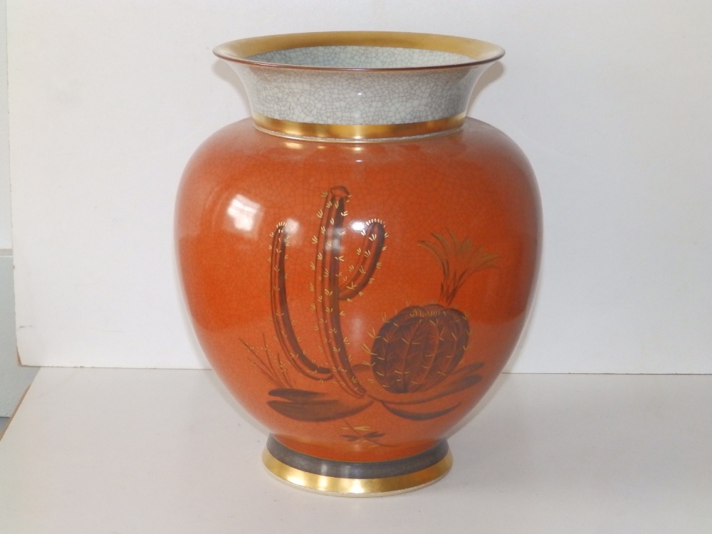 A Royal Copenhagen terracotta crackle glazed vase decorated cacti - alx 623/3204, 12" high - neck