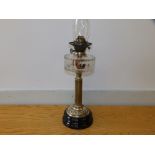 A Victorian brass column oil lamp with cut glass font, 18" - no shade.