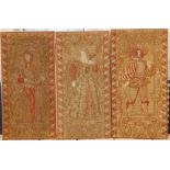 Three Victorian woolwork tapestry panels depicting figures of the Tudor Court, on wooden stretchers,