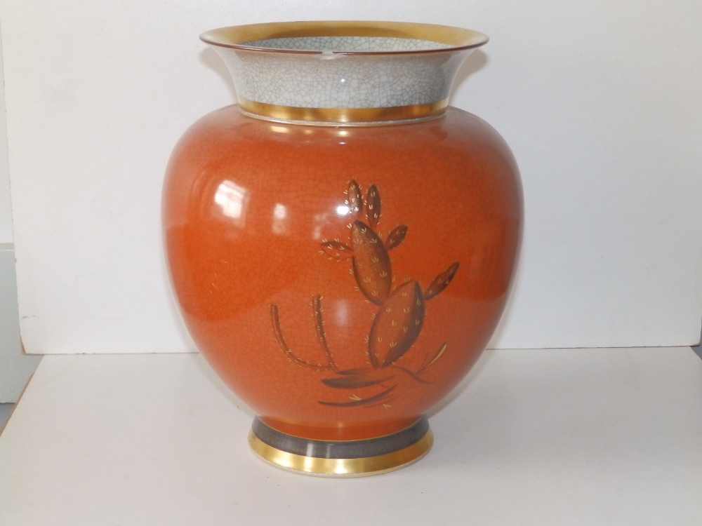 A Royal Copenhagen terracotta crackle glazed vase decorated cacti - alx 623/3204, 12" high - neck - Image 2 of 4