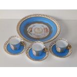 Seven pieces of 19thC Sevres bleu celeste ground tea china bearing the gilt royal cypher for King