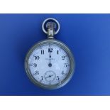 A Hamilton nickel plated pocket watch with enamelled dial, subsidiary seconds, 57mm diameter -