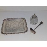 A square Tiffany silver plated waiter, a Victorian sugar sifter and a silver-top jar. (3)