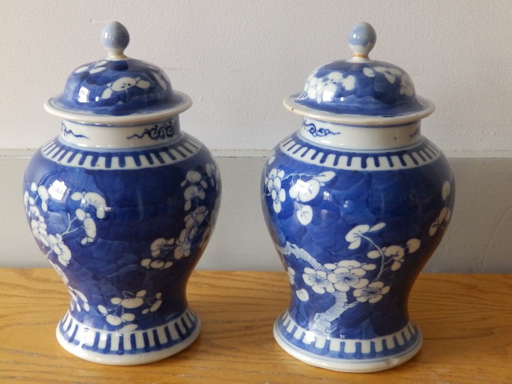 A pair of Chinese blue & white porcelain covered meiping vases in hawthorn pattern - four