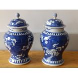 A pair of Chinese blue & white porcelain covered meiping vases in hawthorn pattern - four