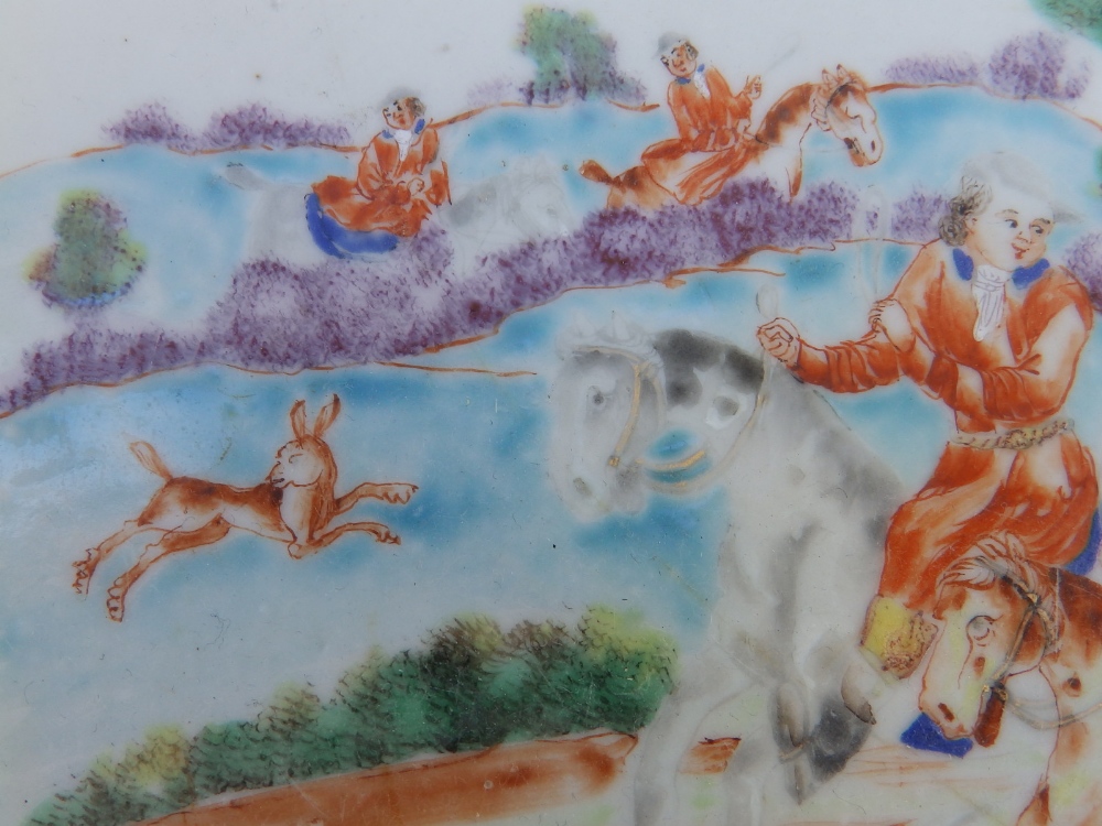 An 18thC Chinese porcelain punch bowl, finely painted with a continuous fox-hunting scene, 14.5" - Image 12 of 20