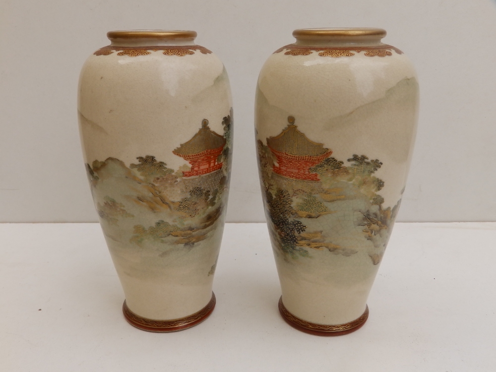 A signed pair of Japanese Meiji period earthenware Satsuma vases, of shouldered form, decorated with - Image 2 of 7