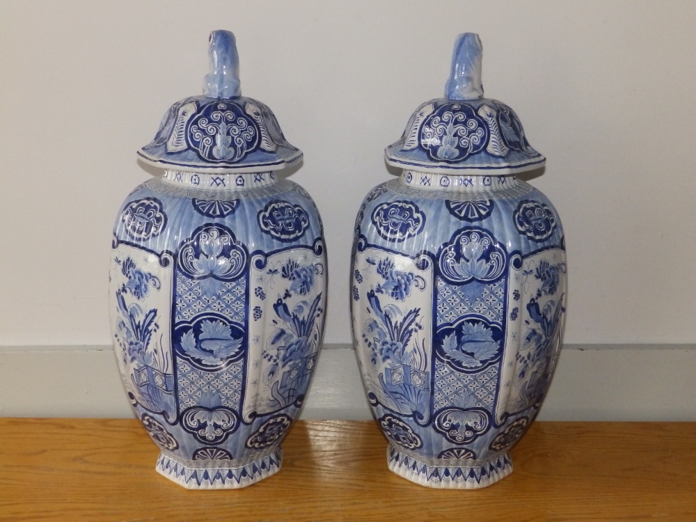 A large pair of late 19thC blue & white delft vases with covers, having chinoiserie decoration , - Image 2 of 13