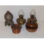 A small EP alarm clock, 4.5" high, a Boyd's Patent oil burner, one other and a small pair of oil
