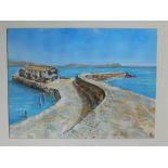 Hilary Buckley - watercolour with acrylic - 'View of the Cobb, Lyme Regis', initialled & dated 2014,
