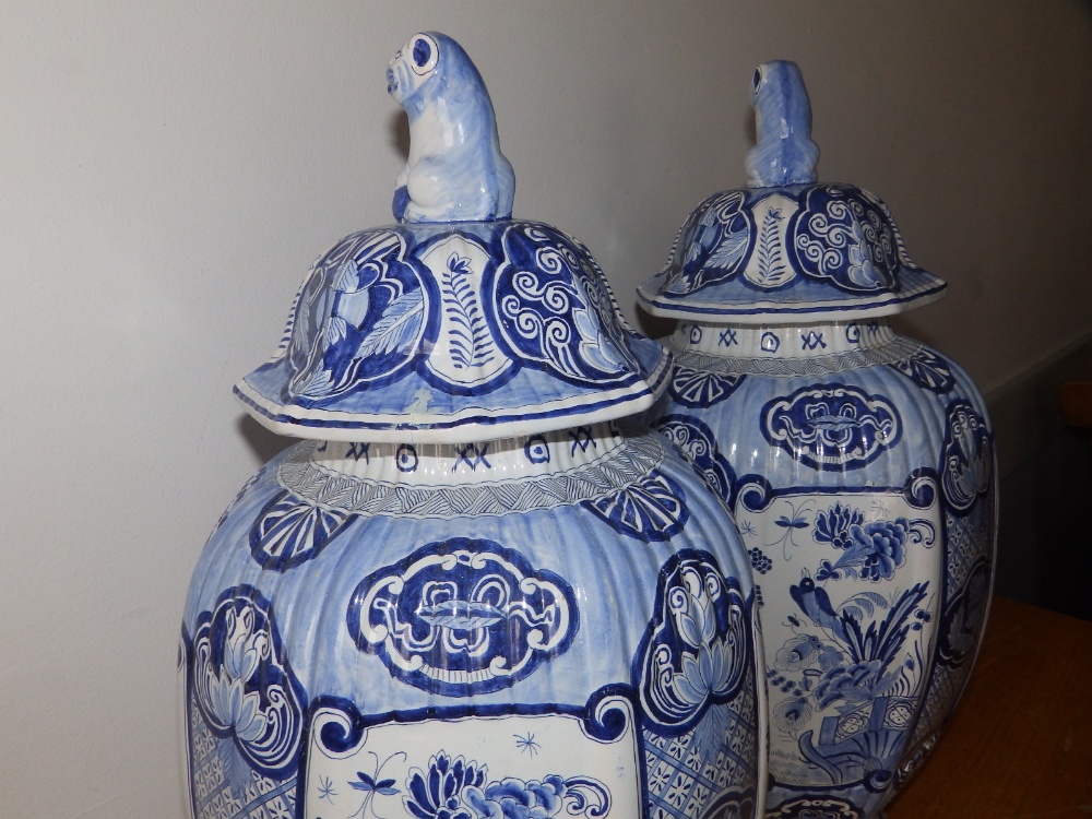 A large pair of late 19thC blue & white delft vases with covers, having chinoiserie decoration , - Image 4 of 13