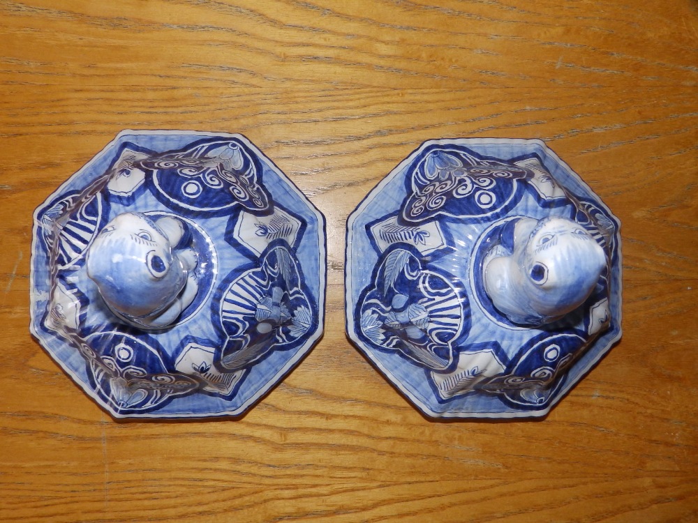 A large pair of late 19thC blue & white delft vases with covers, having chinoiserie decoration , - Image 9 of 13