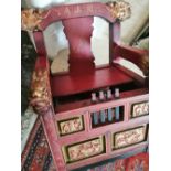 A Chinese red painted & gilded armchair with box seat, dragon head arm terminals, carved script