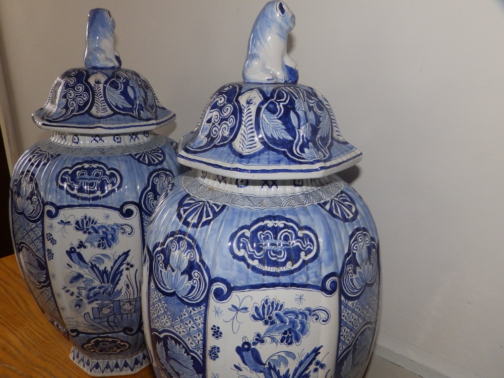 A large pair of late 19thC blue & white delft vases with covers, having chinoiserie decoration , - Image 3 of 13