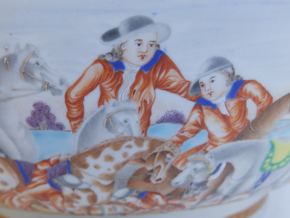 An 18thC Chinese porcelain punch bowl, finely painted with a continuous fox-hunting scene, 14.5" - Image 2 of 20