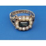 A George IV 18ct gold pearl cluster mourning ring, engraved to reverse 'Amelia Robins, Ob. 1825