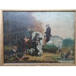 Victorian School - oil on panel - A landowner & his wife on horseback encountering a gypsy family at