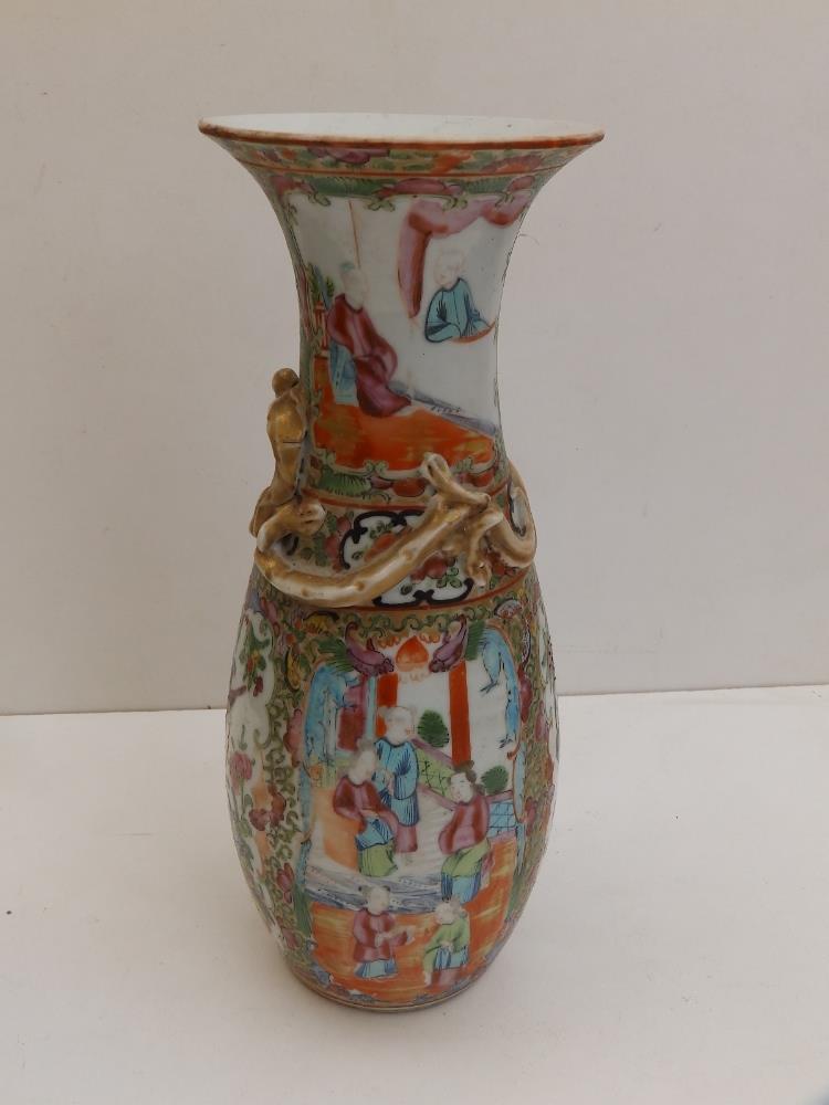 A 19thC Cantonese porcelain vase of slender baulster form with applied dragon to shoulders, 10" - Image 2 of 5