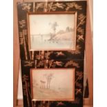 A pair of signed Oriental watercolours - A shrine & bridge by water, 12" x 15", in decorated painted