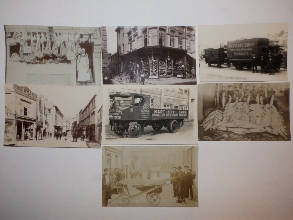 Seven early photographic postcards relating to Teignmouth, including two showing Bartlett Bros.