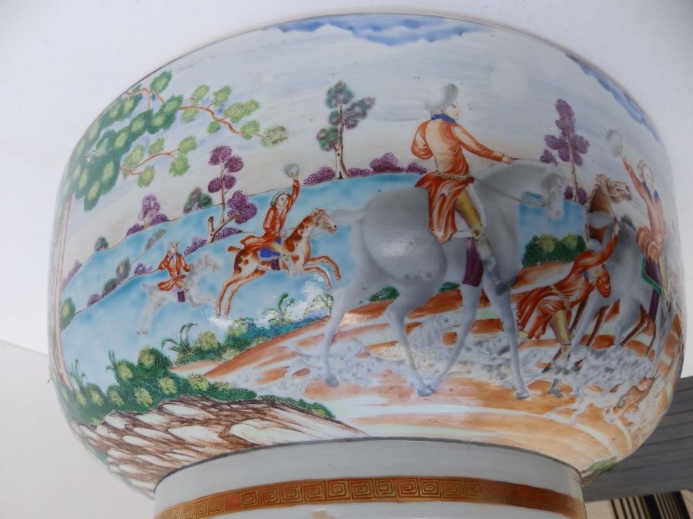 An 18thC Chinese porcelain punch bowl, finely painted with a continuous fox-hunting scene, 14.5" - Image 17 of 20