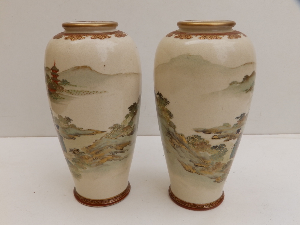 A signed pair of Japanese Meiji period earthenware Satsuma vases, of shouldered form, decorated with - Image 3 of 7