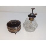 cut glass atomiser with silver inlaid tortoiseshell top and a circular dressing table box with