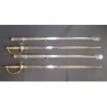 A pair of decorative swords with brass hilts and metal scabbards - 'CSA', 29.5" blades. (2)
