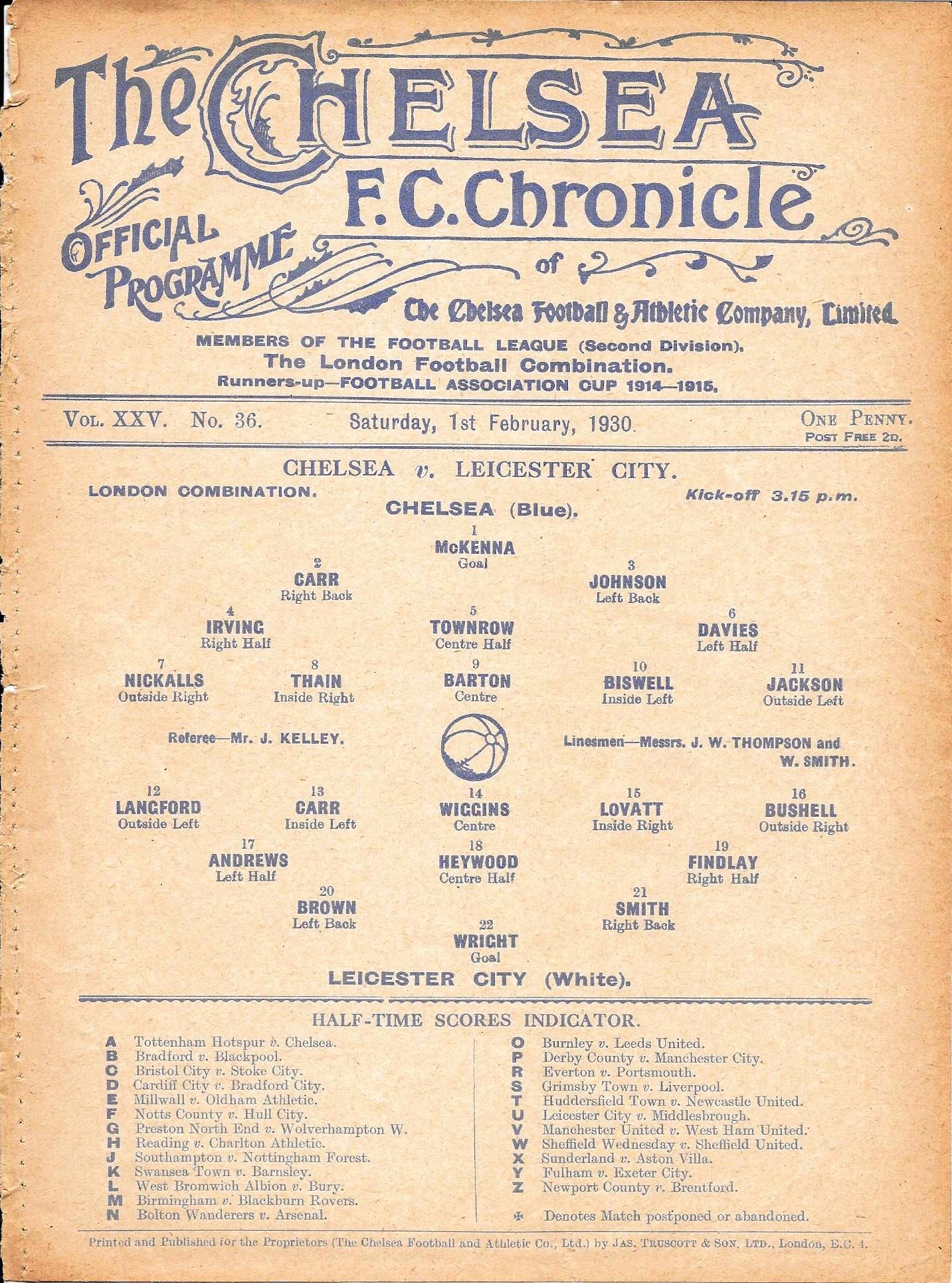 1929-30 CHELSEA RESERVES V LEICESTER CITY RESERVES